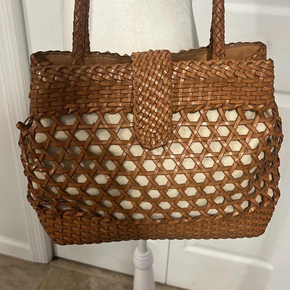 Leather Woven Tan and Cream Women's Bag - Picture 3 of 9